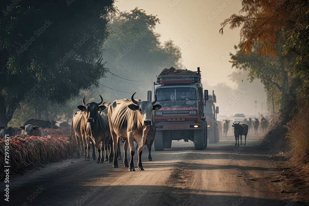 Overhead view of a herd of  Divali decorated cattle disrupting traffic on a dusty rural road - obrazy, fototapety, plakaty 