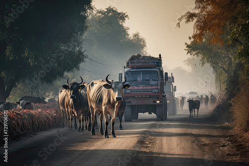Overhead view of a herd of  Divali decorated cattle disrupting traffic on a dusty rural road photo