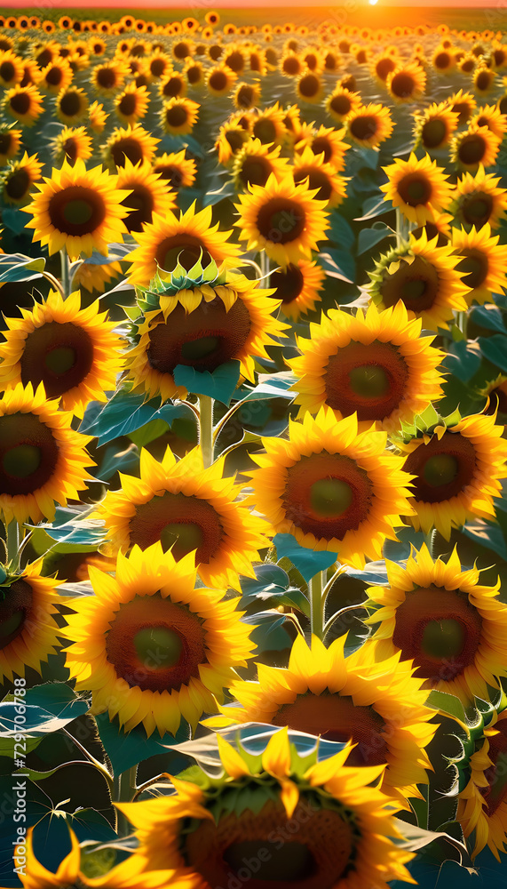 Fototapeta premium Sunflower Fields. Agriculture. Rural. Farming. Summer. Harvest. Yellow. Landscape. Countryside. Blooming. Nature. Sunny. Crop. Floral. Beauty. AI Generated.