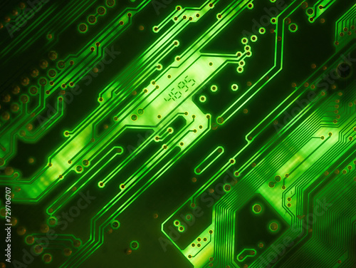 Abstract computer technology background. Macro closeup of green circuitry on high-tech circuit board electronics.