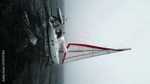 Sailboat sailing on the main ocean, during snowfall - vertical, drone shot photo