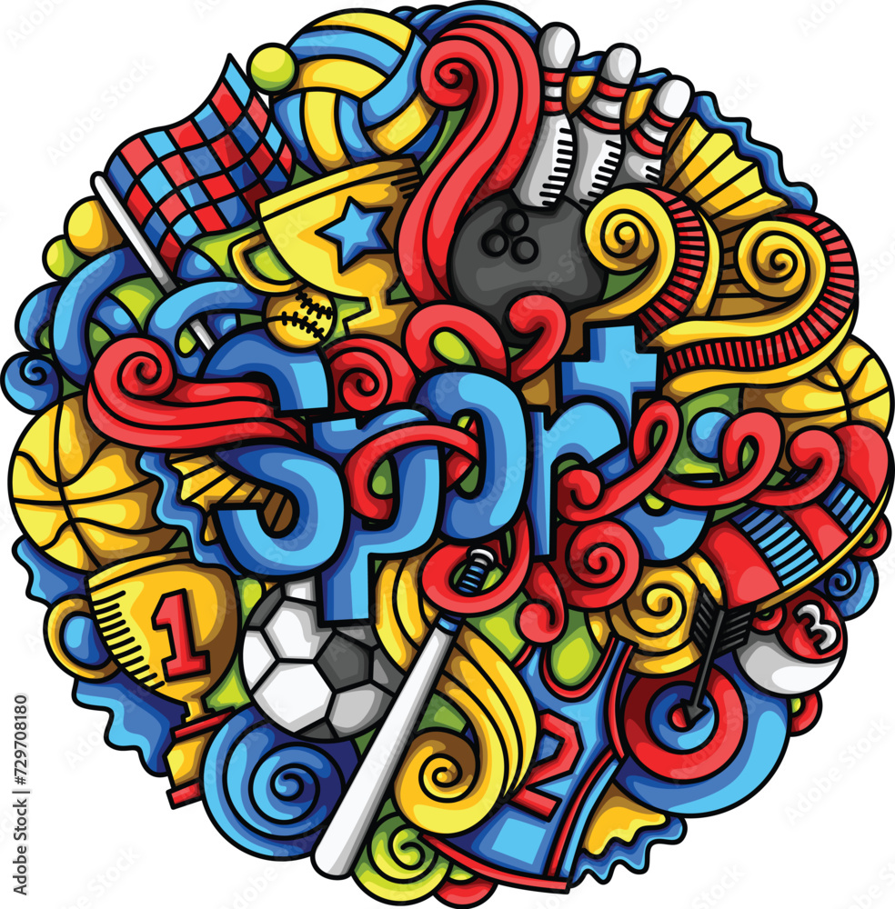 Sports Sporty Event Baseball Soccer Race Skate Basket Winner Colorful Art Doodle