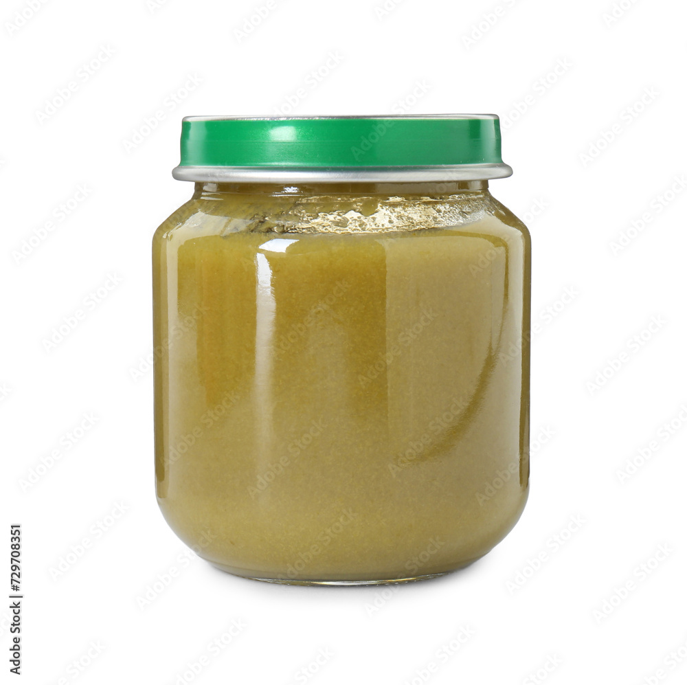 Baby food. Tasty healthy puree in jar isolated on white Baby food. Tasty healthy puree in jar isolated on white
