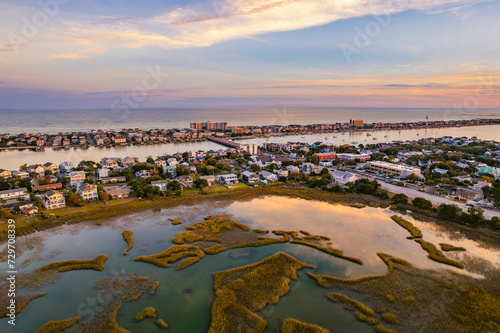 Wrightsville Beach North Carolina sunset aerial over Harbor Island.