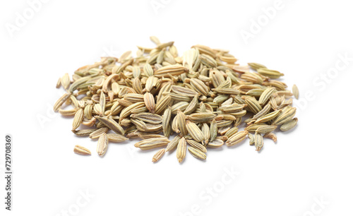 Pile of dry fennel seeds isolated on white