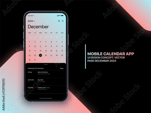 Mobile App Calendar December 2024 Page with To Do List and Tasks Vector UI UX Design Concept on Isolated Photo Realistic Smart Phone Screen Mockup. Smartphone Business Planner Application Template