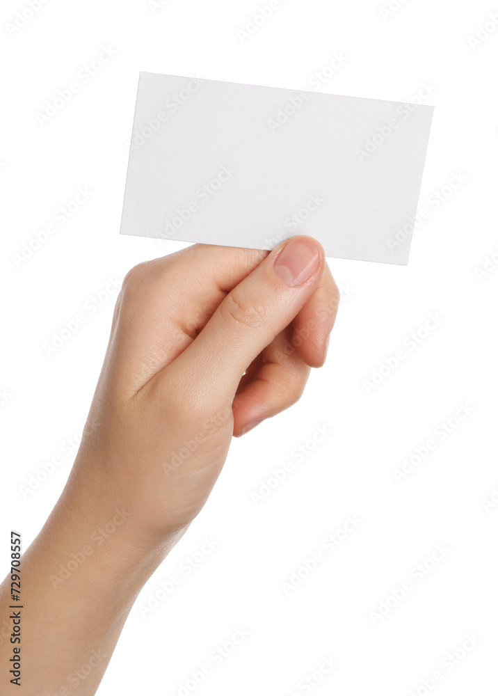 Woman holding blank business card on white background, closeup. Mockup for design