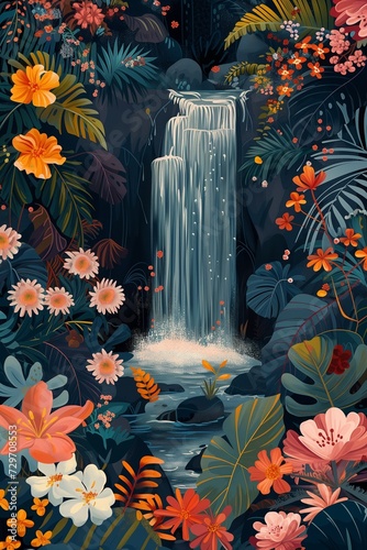 Painting of waterfall with flowers in mysterious jungle.