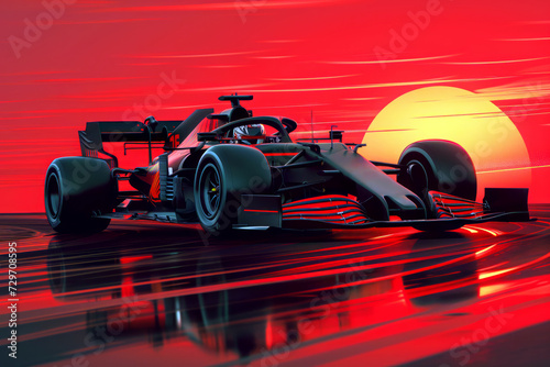 Formula 1 Car. Illustration of a Formula 1 Car in red tones, standing still with sunset in the background.