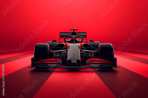 Formula 1 Car isolated in red striped studio. F1 Racing car in studio.