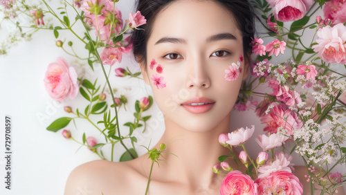 Radiant Beauty in Bloom Asian Woman Surrounded by Botanical © icehawk33