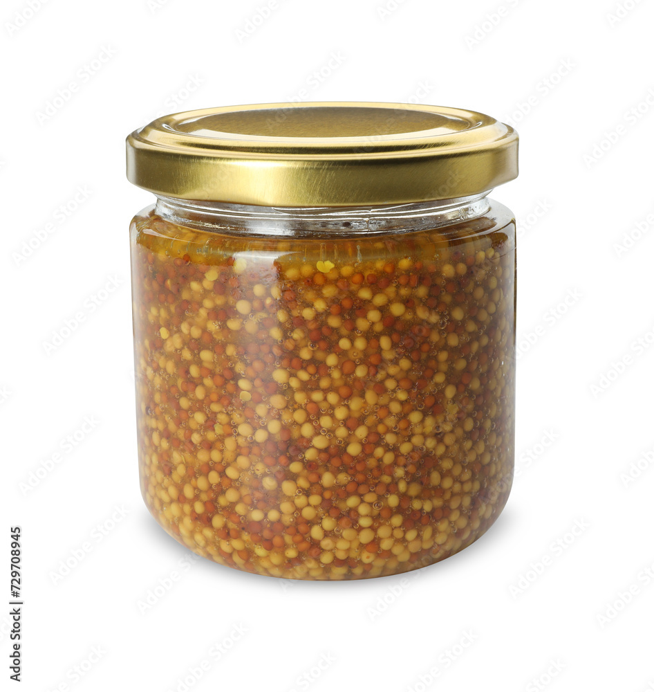 Fresh whole grain mustard in jar isolated on white Fresh whole grain mustard in jar isolated on white