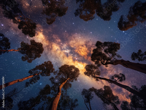 The mesmerizing night sky, featuring the stunning Milky Way and framed by elegant trees, captivating picture