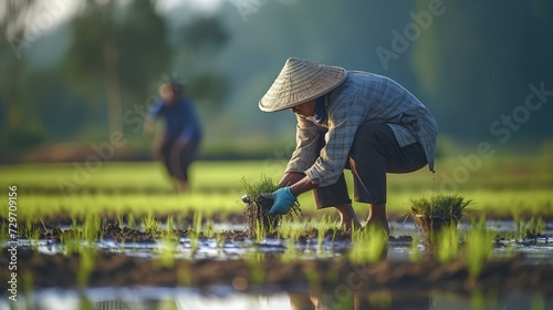 grup farmer transplant rice seedlings in rice field, farmer planting rice in the rainy season