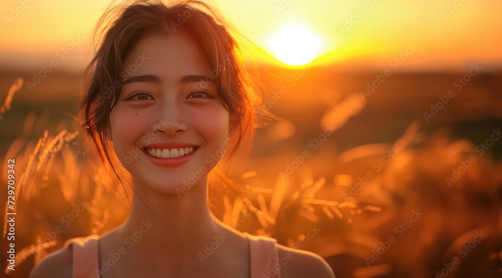 smiling beauty girl outside with sunset smiling beauty girl outside with sunset