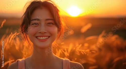 smiling beauty girl outside with sunset © jiawei