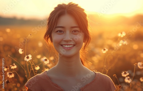 smiling beauty girl outside with sunset © jiawei