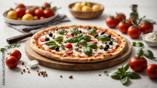  Wooden Pizza Board and Fresh Toppings in Tabletop View