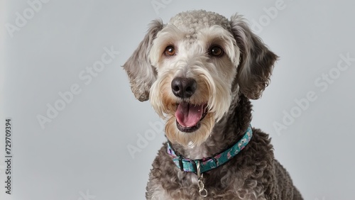 Primer plano de perro Bedlington Terrier, feliz, sobre fondo blanco
