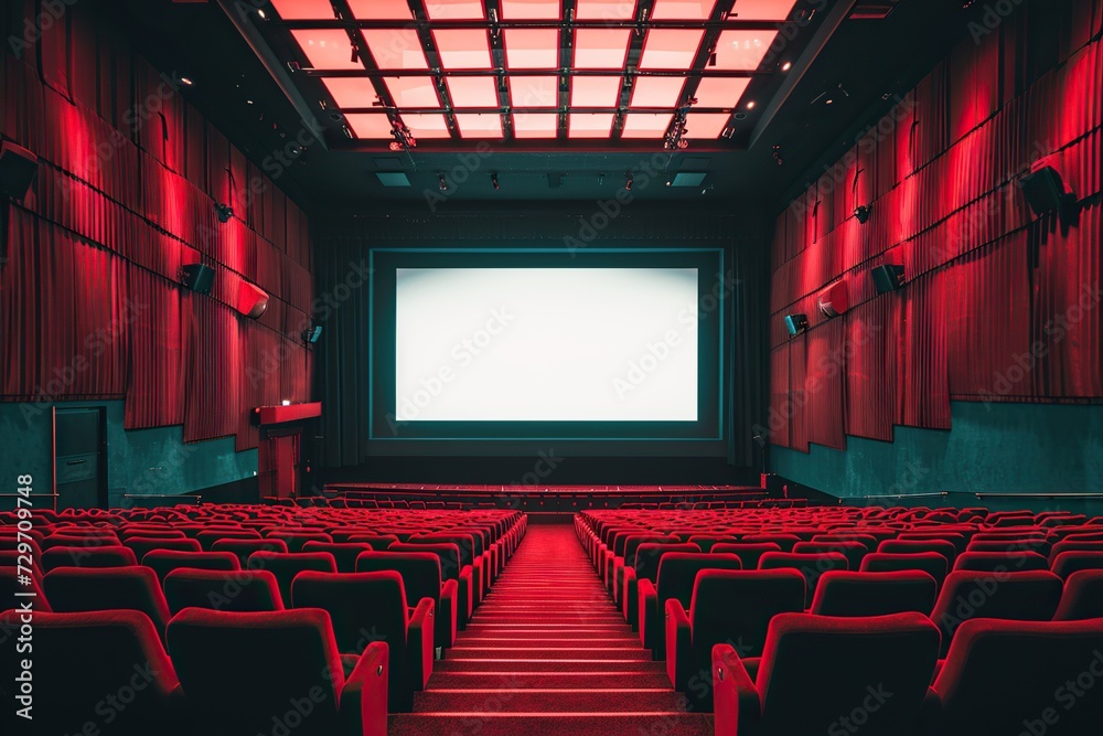 Fototapeta premium Empty Red Seating Cinema Theatre with White Screen