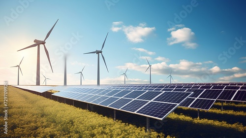 photo solar panels and wind turbines green energy concept