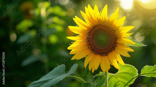 A solitary sunflower its bright yellow center radiating against the dappled green leaves when hit by the backlight.