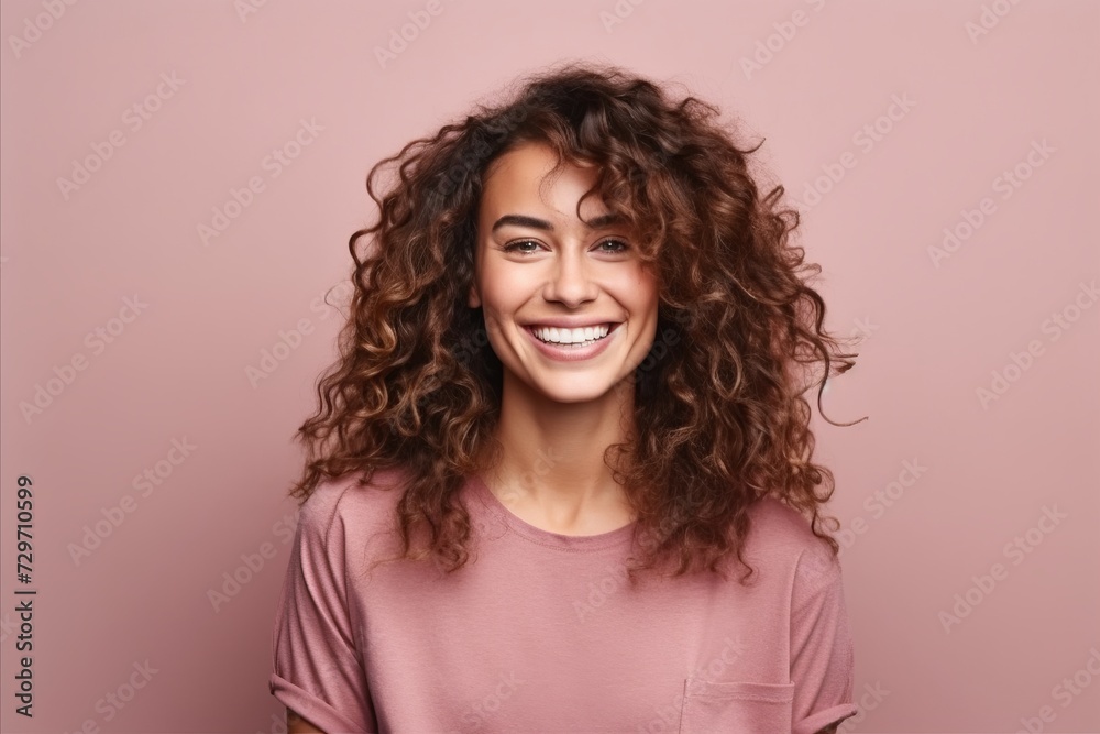 Portrait of a smiling young woman with curly hair over pink background