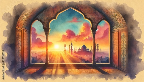 The watercolor painting shows the silhouette of a mosque with two minarets visible through an archway