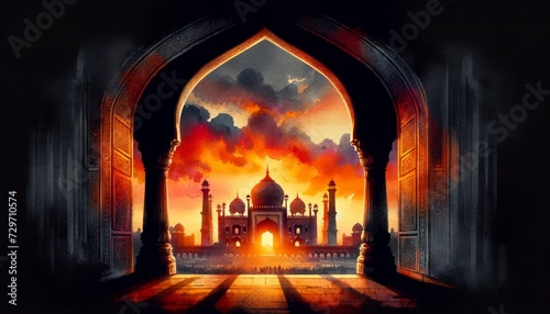 The watercolor painting shows the silhouette of a mosque with two minarets visible through an archway