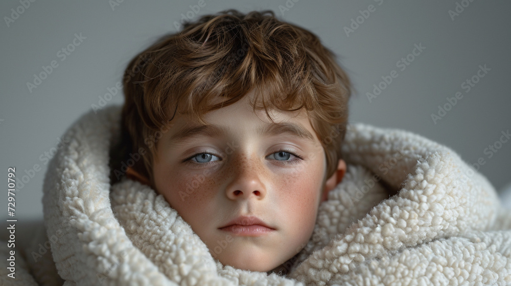 sleepy young boy wrapped in a cozy white blanket sleepy young boy wrapped in a cozy white blanket