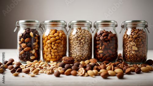 display of Various Nuts and Seeds in Glass Jars on White Wood