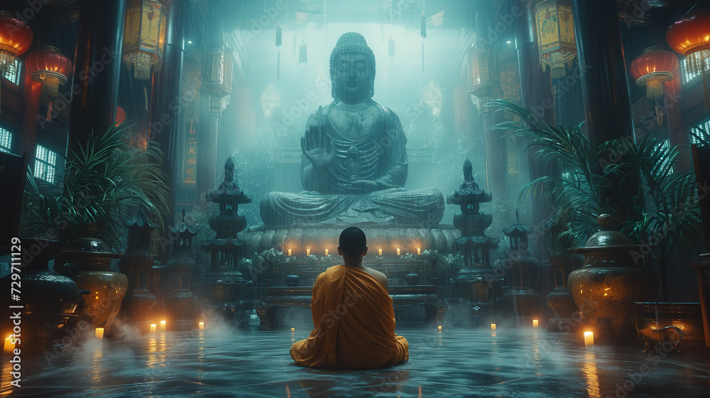 Buddhist monks engaging near serene Buddha statue. Harmony and Serenity Concept. Generative AI. - obrazy, fototapety, plakaty 
