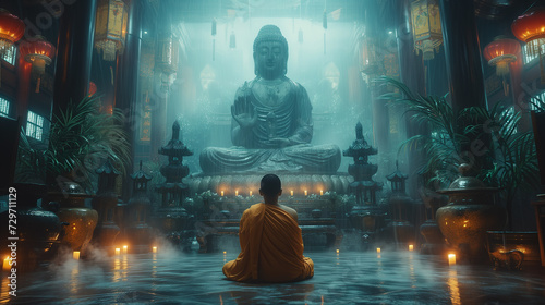 Buddhist monks engaging near serene Buddha statue. Harmony and Serenity Concept. Generative AI. © Peachaya