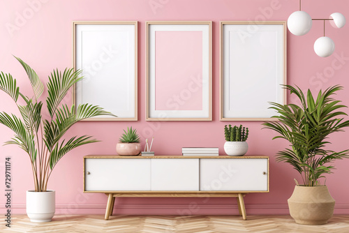 Three Wooden Poster Frame Mockup elegance in every detail  complemented by wall decor a vase with plants and leaves  wooden frame incorporates botanical accents  bathed in sunlight from the window 