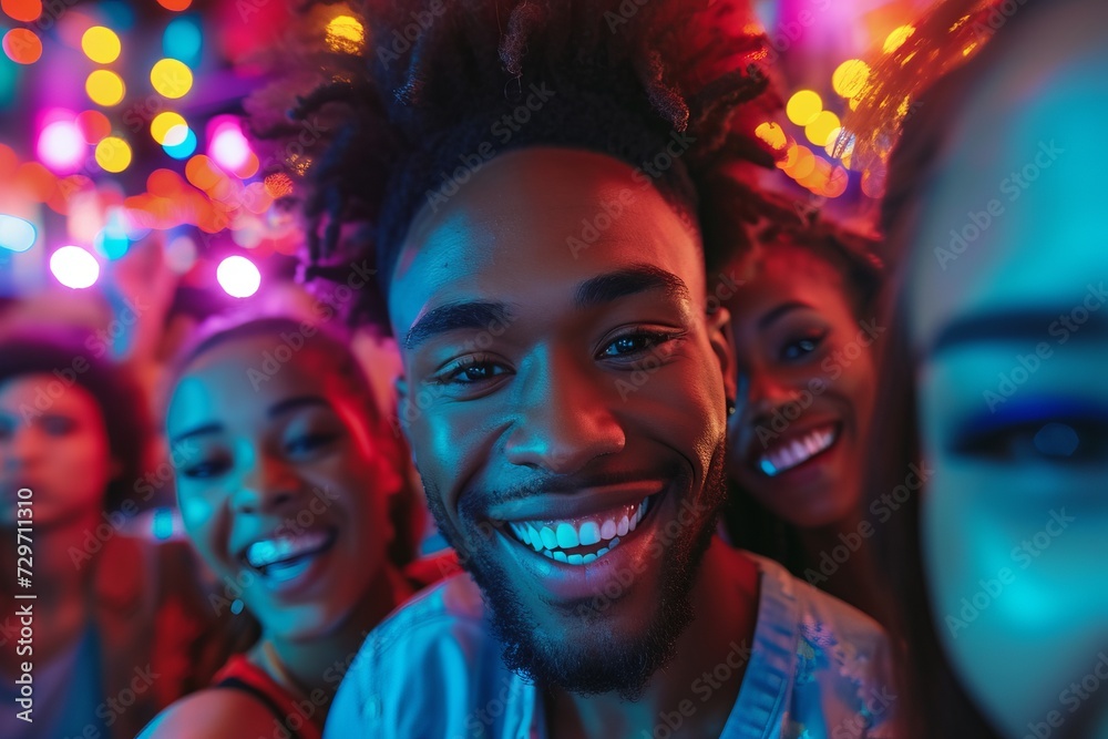 Group of friends share a joyful moment, capturing a vibrant selfie for social media, with bright, bokeh lights in the background at a lively party