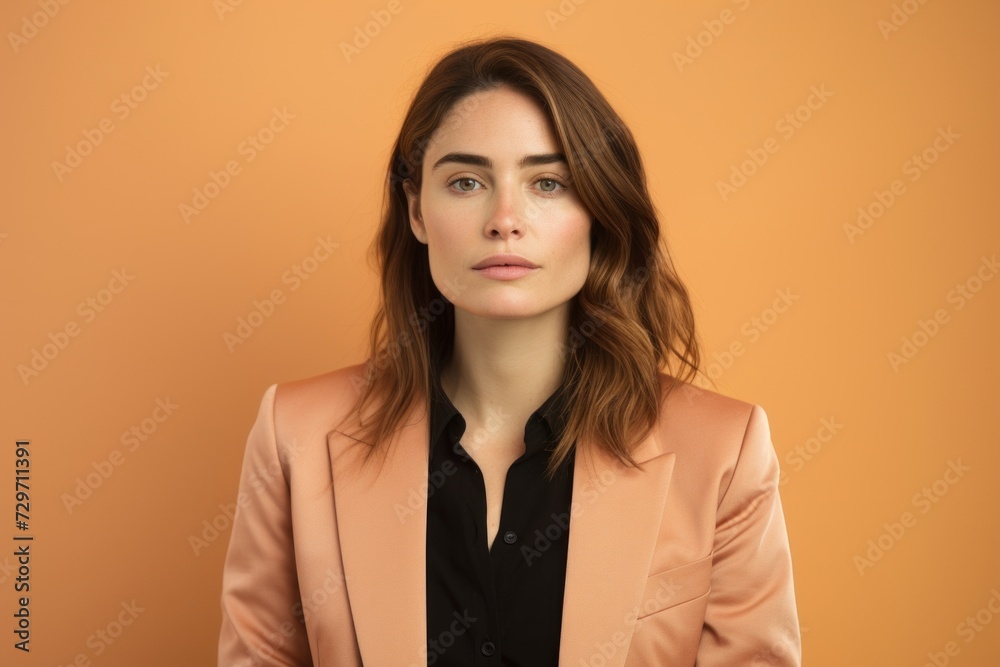 Portrait of serious young businesswoman looking at camera over orange background Portrait of serious young businesswoman looking at camera over orange background