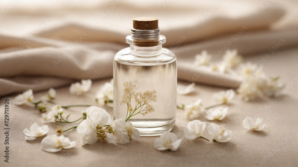 White Serum Bottle on Beige Fabric with Lunaria Dry White Serum Bottle on Beige Fabric with Lunaria Dry