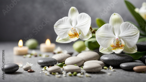 Serenity SpA White Orchid and Spa Stones on Grey Background