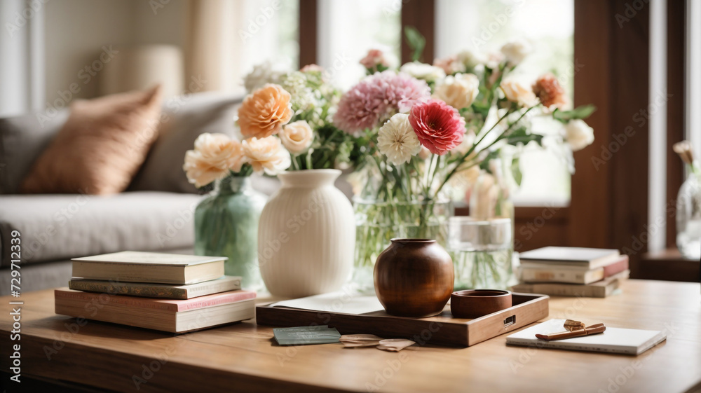 Serene Workspace: Wooden Tabletop with Stationery and Flower Vases
Serene Workspace: Wooden Tabletop with Stationery and Flower Vases