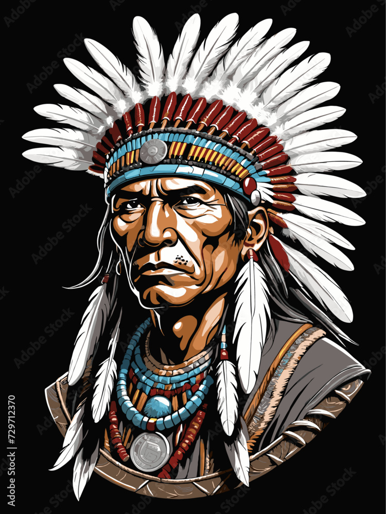 Native American indian chief, illustration against black background 