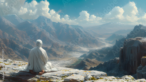 Image of a Hajj pilgrim praying at Padang Arafah with mountains in the background. photo