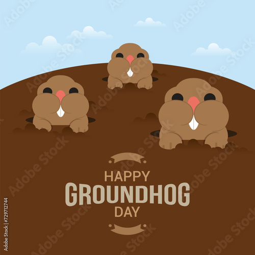 Happy Groundhog Day design with cute groundhog. Vector Illustration. A small, adorable groundhog with fluffy brown fur and bright black eyes. He's playfully peeking out of his burrow. flat style.