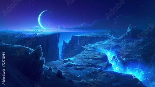Fantasy night landscape with a crescent moon, a large fault in the earth, a ravine, blue neon photo