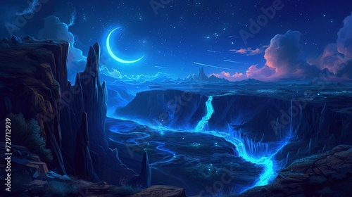 Fantasy night landscape with a crescent moon, a large fault in the earth, a ravine, blue neon