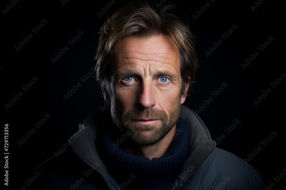 Portrait of a man with a beard on a black background.