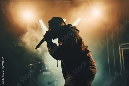 A rapper with dynamic poses, mic in hand, on a minimalist stage setup, stark contrast with intense spotlights and shadow play photo