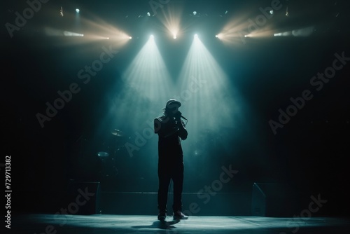 A rapper with dynamic poses, mic in hand, on a minimalist stage setup, stark contrast with intense spotlights and shadow play,  photo