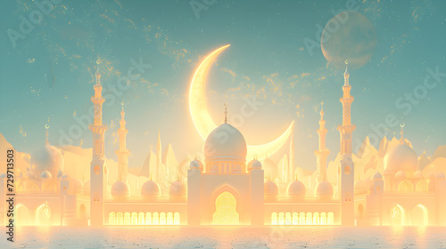 Islamic decoration background with crescent moon mosque, lantern cartoon style, for Ramadan Kareem, Mawlid, iftar, Isra Miraj, Eid al-Fitr, and Eid al-Adha celebrations. photo