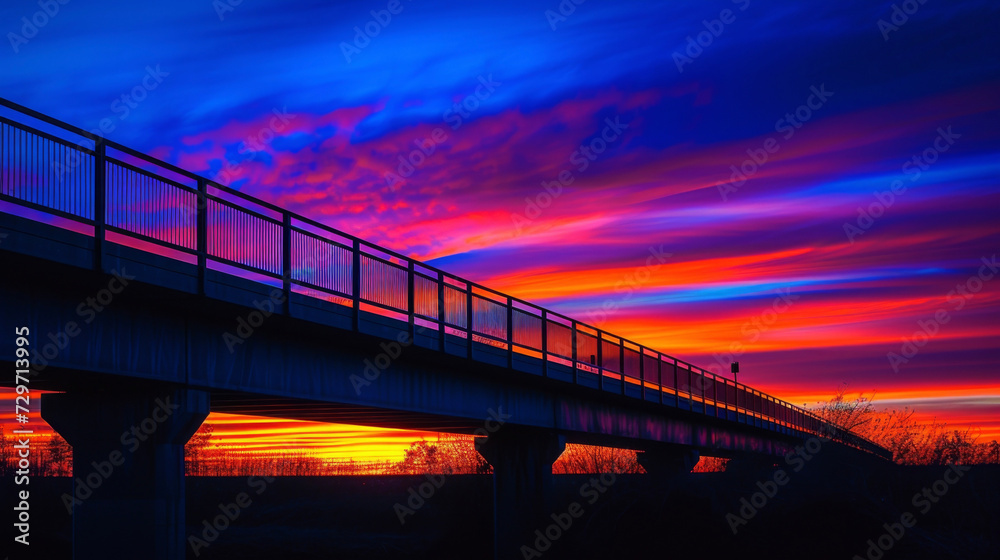 A vibrant multicolored sunset sets the sky ablaze behind a backlit bridge creating a truly mesmerizing sight.