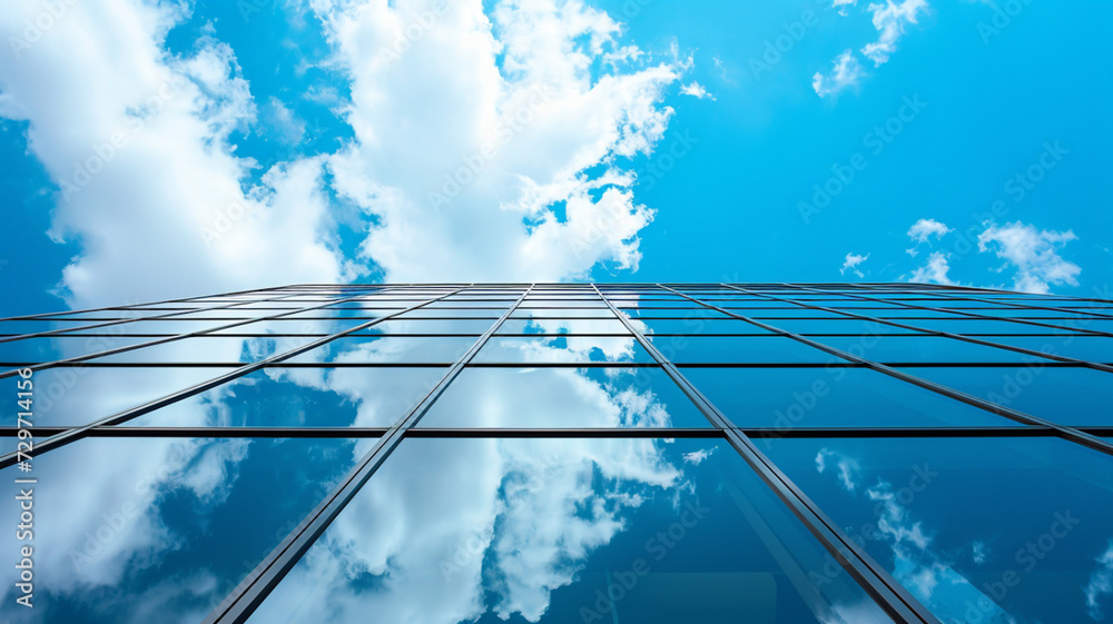 Fototapeta premium looking up the side of a skyscraper blue sky and clouds reflecting off windows